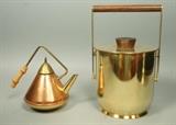 Lot 45:  2pcs Italian Brass Ice Bucket with Rosewood Handle and A Copper and Brass Teapot (Aubock Style with Bamboo Handle.  : Dimensions:  H: 12.75 inches: W: 8 inches: D: 7.5 inches --- US Shipping charge: $35