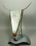 Lot 46:  Modernist Steel and Wire Sculpture with Enamel Decoration.  Steer Head Form.  Painted enamel figures.  Unsigned.: Dimensions:  H: 20.5 inches: W: 17.5 inches: D: 14 inches --- US Shipping charge: $50