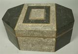 Lot 60:  MAITLAND SMITH Black Stone Box. Lid with beveled detail. Label residue. Unsigned.: Dimensions:  H: 5.75 inches: W: 12 inches: D: 8 inches --- US Shipping charge: $35
