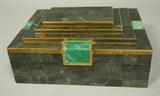 Lot 61:  MAITLAND SMITH Black Stone Box. Green stone with brass trim. Hinged lid with stepped detail. Label residue. Unsigned.: Dimensions:  H: 4 inches: W: 9 inches: D: 7.5 inches --- US Shipping charge: $35