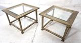 Lot 66:  Pr MASTERCRAFT Antiqued Brass Side End Tables. Beveled glass inset tops. Sturdy square tube legs and frame. : Dimensions:  H: 16 inches: W: 22 inches: D: 22 inches --- 