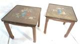 Lot 67:  Pr Philip & Kelvin Laverne style Bronze Side Tables. Bronze polychromed floral still life design plaque on carved Asian inspired wood base. Not marked. : Dimensions:  H: 18.25 inches: W: 19 inches: D: 19 inches --- 