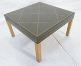 Lot 69:  Green Leather Blond Wood Square Cocktail Coffee Table. Tommi Parzinger style. Diamond design top with leather skirt. : Dimensions:  H: 16.25 inches: W: 27.75 inches: D: 27.75 inches --- 