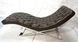 Lot 73:  Tufted Brown Vinyl & Chrome Chaise Lounge. Milo Baughman style. Shiny Chrome Base. : Dimensions:  H: 32 inches: W: 70 inches: D: 23.5 inches --- 