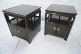 Lot 75:  BAKER Side End Tables Night Stands. Two door cabinet with open upper storage area with cut out sides. Metal tag. : Dimensions:  H: 24 inches: W: 20 inches: D: 20.5 inches --- 