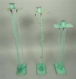 Lot 76:  3pc SWID POWELL by S Hall Candlesticks. Green Patina on tall wiry sticks. Memphis. Marked.: Dimensions:  H: 21 inches: W: 4.75 inches: D: 4.75 inches --- US Shipping charge: $35