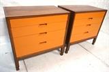 Lot 87:  Pr JANUS COLLECTION 4 Drawer Chests Dressers. American Modern Walnut Frame with Orange Painted Drawers. Branded Mount Airy Janus Collection.: Dimensions:  H: 31.5 inches: W: 32 inches: D: 19 inches --- 