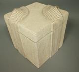 Lot 93:  Modernist Lidded Box Sculpture. Textured finish with wood "ribbon" details. Wood lined: Dimensions:  H: 11 inches: W: 9.5 inches: D: 9.5 inches --- US Shipping charge: $35