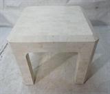 Lot 94:  White Stone Mosaic Maitland Smith Side Table. Faceted shaped legs. Label. : Dimensions:  H: 16.5 inches: W: 18.5 inches: D: 18.5 inches --- 