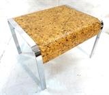 Lot 96:  Milo Baughman style Modernist Cork & Chrome Side Table. Rounded edges. Wide chrome frame. : Dimensions:  H: 15 inches: W: 22 inches: D: 19.5 inches --- 