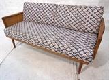 Lot 97:  PETER HVIDT France & Sons. Danish Modern Sofa Couch with Woven Side Arms. Flared arms. Tapered peg legs. Metal France & Sons tag: Dimensions:  H: 24.5 inches: W: 63 inches: D: 32 inches --- 