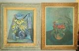 Lot 279:  2pcs Stuart Egnal Oil Paintings.  1. Still life with yellow flowers (crackling to paint and some flaked off) signed and dated 51. 2. Unsigned oil on canvas still life with hand carved frame.: Dimensions:  Image Size: H: 27 inches: W: 19 inches --- 