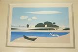 Lot 351:  JEAN HUGO Silkscreen Print. Landscape with Water, Boat & Trees. "Constant Idoux". Pencil signed.: Dimensions:  Image Size: H: 9.75 inches: W: 15 inches --- 