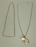 Lot 361:  Two Silver Necklaces. 1. Faceted 5mm silver bead necklace. 2. Silver snake chain necklace with two pendants; flat pillow form charm & Ivory and Silver figural mushroom pendant.: Dimensions:   --- US Shipping charge: $9