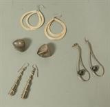 Lot 363:  Lot 4pr Modernist Sterling Earrings. Vintage design. 1. Pr A VAHAN Sterl Pyramid Pierced Earrings. 2. 3.5" long Sterling teardrop with hematite bead, pierced (missing nut) 3. Pr Sterling ATI double teardrop dangle Earrings, marked. 4. Mexican Silver long drops with rope trim, probably sterling. not marked.: Dimensions:   --- US Shipping charge: $9