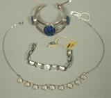 Lot 366:  3pc Sterling Jewelry. 1. Mexican Blue Stone (sodalite) Bracelet. 2. Sterling Bracelet with square faceted crystal links. 3.  Sterling chain with faceted crystal pendant drops. Necklace is 15" long.: Dimensions:   --- US Shipping charge: $9