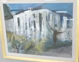 Lot 375:  BETTY M BOWES Gouache Oil Painting "Temple of Apollo".  Man with raised arms in front of Temple.  MACKLER Art Gallery label: Dimensions:  Image Size: H: 21 inches: W: 27 inches --- 