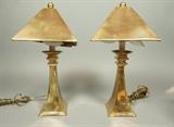 Lot 386:  Pr Small Brass Decorator Accent Lamps. Tapered Brass base with squared pyramid brass shades. : Dimensions:  H: 16 inches: W: 8.25 inches --- 
