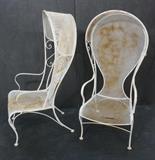 Lot 404:  Pr Iron Mesh Hooded Arm Chairs. Decorative scroll sides. Very Cool. Garden. Patio. Outdoor Entertaining: Dimensions:  H: 54 inches: W: 28.5 inches: D: 29.5 inches --- 