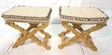 Lot 413:  Pr Decorator Carved Gilt Wood Benches. Fancy carved "X" bases with paw feet. Fabric cushion seat with tassel fringe. : Dimensions:  H: 24 inches: W: 24 inches: D: 17.5 inches --- 