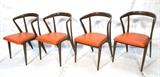 Lot 418:  Set 4 BERTHA SCHAEFER Vintage Modern Dining Chairs.  Barrel Back Wood Frames. Orange Vinyl Seats. Not marked: Dimensions:  H: 31 inches: W: 21.5 inches: D: 22 inches --- 