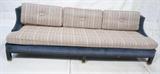 Lot 444:  Dunbar style Long Sofa Couch. Upholstered body in contrasting blue velvet frame with striped fabric cushions. Square dark wood legs with brass caps. : Dimensions:  H: 26.5 inches: W: 91 inches: D: 33 inches --- 