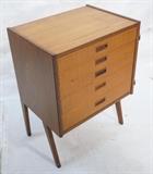 Lot 447:  Danish Teak Modern Small Chest on legs. Five Drawers. : Dimensions:  H: 28.75 inches: W: 21.5 inches: D: 16 inches --- 