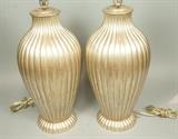 Lot 448:  Pr Ribbed Silver Leaf Metal Table Lamps. Antiqued silver finish with red highlights. : Dimensions:  H: 33 inches --- 