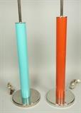 Lot 452:  Two Colored Metal Tube Table Lamps. 1). Turquoise Column. 2). Red Column. Chrome bases and hardware. : Dimensions:  H: 30.5 inches --- 