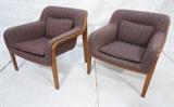 Lot 458:  Pr KNOLL Wood Frame Lounge Chairs. Bill Stevens 1300 Series. Wood Frame with Square patterned fabric upholstery. Seat & back cushions. Not marked.: Dimensions:  H: 28.25 inches: W: 29.5 inches: D: 30 inches --- 