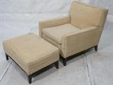 Lot 460:  Dunbar style Lounge Chair & Ottoman. Tapered square wood legs. Knubby oatmeal fabric upholstery: Dimensions:  H: 30 inches: W: 49.5 inches: D: 37 inches --- 