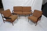 Lot 468:  3pc Modernist Sofa, Two Chairs. Wood frame with contrasting black stained arms. : Dimensions:  H: 33.5 inches: W: 69 inches: D: 34 inches --- 