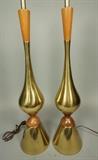 Lot 470:  Pr American Modern Brass & Wood Table Lamps. Tall Brass lamps with wood accents. : Dimensions:  H: 39.5 inches --- 