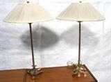 Lot 475:  Pr F COOPER Brass Table Lamps. Tall brass lamp with tripod base. Shades marked Cooper.: Dimensions:  H: 33 inches --- 
