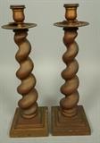 Lot 480:  Pr Spiral Brass Candle Sticks Lamp Bases. Antiqued finish. Twisted Columns: Dimensions:  H: 16.5 inches: W: 5.25 inches --- 