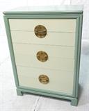 Lot 487:  KITTINGER Asian Modern Dresser. Six drawer chest with original green paint finish. Large decorative Asian brass hardware/pulls.: Dimensions:  H: 50.75 inches: W: 36 inches: D: 20 inches --- 