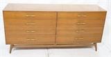 Lot 488:  RWAY American Modern Walnut Credenza Sideboard.  Eight drawer chest dresser. Decorative brass pulls. Marked: Dimensions:  H: 32.25 inches: W: 67 inches: D: 20 inches --- 