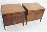 Lot 500:  Pr PAUL McCOBB for LANE Walnut Night Stands End Tables. One drawer, two doors with chromed metal pulls. Marked: Dimensions:  H: 24 inches: W: 24 inches: D: 21 inches --- 