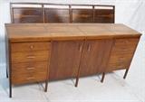 Lot 502:  2pc PAUL McCOBB for LANE Walnut Low Chest & Headboard. Credenza Sideboard has chromed metal pulls on eight drawers. Two cabinets with eight interior drawers. with Headboard: Dimensions:  H: 32 inches: D: 18 inches: L: 72 inches --- 