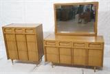 Lot 506:  3pc American Modern Chest & Dresser with Mirror. Bedroom Furniture. Light wood with inset woven panels. Not marked: Dimensions:  H: 42.5 inches: W: 34 inches: D: 19 inches --- 