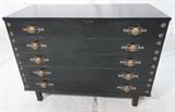 Lot 508:  Vintage Modernist Ebonized Wood Chest of Drawers. 5 Drawer Dresser. Fancy decorative brass pulls. Large brass screw head details to drawers. : Dimensions:  H: 29.5 inches: W: 40 inches: D: 18 inches --- 