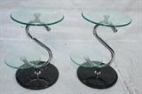 Lot 523:  Pr Post Modern Side Tables, Glass Tiers on Chrome "S" form pedestal. Marble base: Dimensions:  H: 23.5 inches: W: 19 inches: D: 15 inches --- 