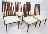 Lot 533:  Set 6 Dining Side Chairs. Tall Tapered slat back. Cream seat cushions. Not marked. : Dimensions:  H: 37.25 inches: W: 19 inches: D: 20 inches --- 