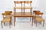 Lot 536:  Danish Modern Teak Dining Table 6 Chairs. Refractory Table. Chairs have woven seats on tapered peg legs. Table is 81" lone with leaves extended. Table marked Denmark: Dimensions:  H: 28.75 inches: W: 30.5 inches: D: 48.5 inches --- 