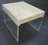 Lot 544:  Karl Springer Style Side Table with One Drawer. Faux snakeskin and lucite. Ball pulls. Lucite sides and back.: Dimensions:  H: 22.25 inches: W: 25.25 inches: D: 32 inches --- 