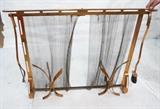 Lot 547:  Set DONALD DESKEY style Copper Fire Screen. Two tools  & Andirons: Dimensions:  H: 31 inches: W: 46 inches: D: 4 inches --- 