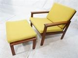 Lot 548:  2pc Danish Teak Arm Lounge Chair & Ottoman. Golden Yellow Fabric. : Dimensions:  H: 28.5 inches: W: 27 inches: D: 30 inches --- 