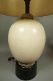Lot 549:  JAMES MONT style Asian Ginger Jar Table Lamp. Pottery Vessel with eggshell crackle glaze & raised details.  Wood base. Not marked. : Dimensions:  H: 40.5 inches: W: 19 inches --- 