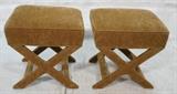 Lot 552:  Pr Dark Gold Fabric Decorator Benches Stools. Billy Baldwin style. Upholstered "X" Base: Dimensions:  H: 22 inches: W: 21 inches: D: 17 inches --- 