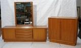 Lot 555:  3pc Bedroom Set. Danish Modern Teak. Tambour door Credenza Dresser, Mirror & Two Door Chest Wardrobe. Credenza is 27"H x 83"L x 20"D: Dimensions:   --- 